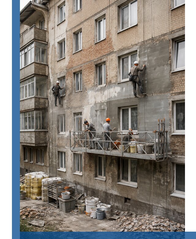 Капитальный ремонт фасада в Сыктывкаре с восстановлением и гидроизоляцией