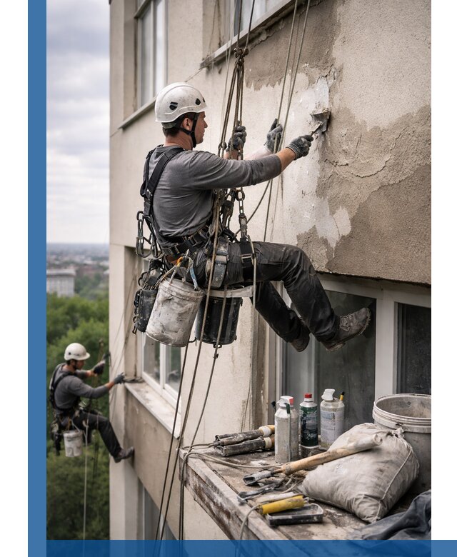 Косметический ремонт фасада зданий в Сыктывкаре промышленными альпинистами