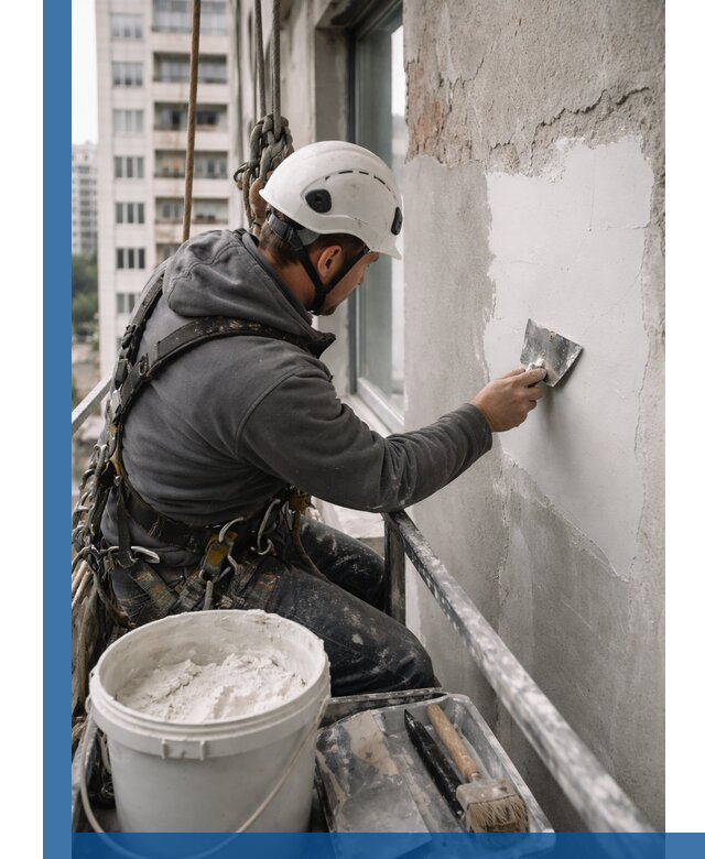 Шпаклевка фасадов на высоте с промальпинистами в Сыктывкаре