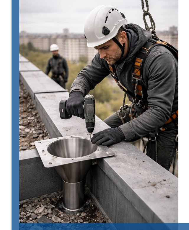 Монтаж водосточных воронок в Сыктывкаре для промышленных зданий