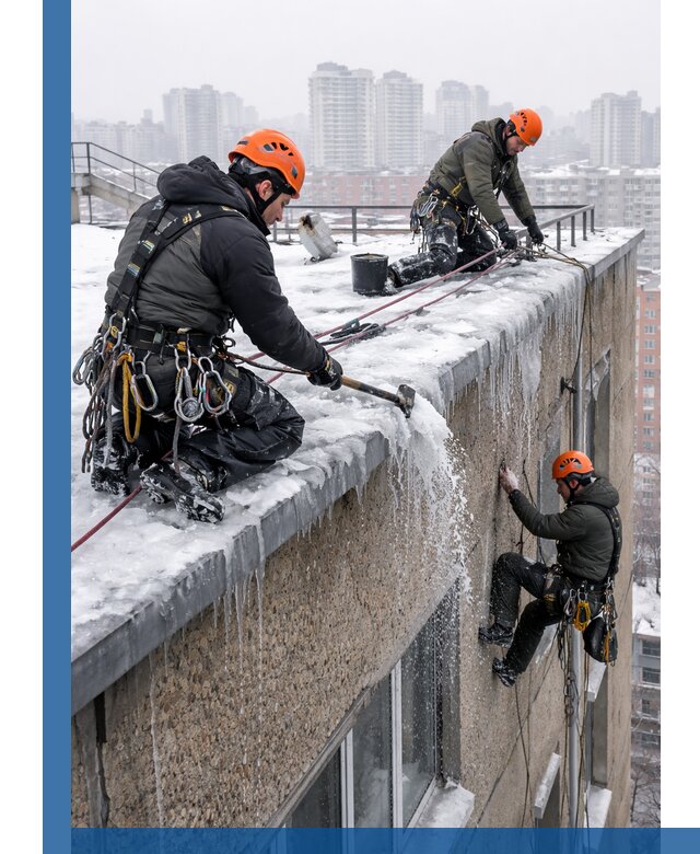 Удаление наледи с кровли в Сыктывкаре промышленными альпинистами