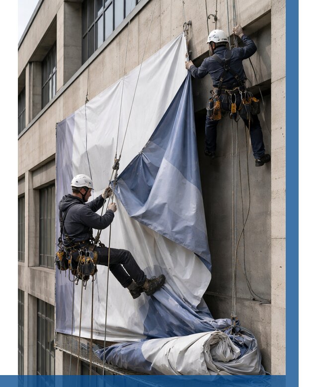 Демонтаж баннеров с фасада в Сыктывкаре от 4640 р. | ВЫСОТНИК-Скт