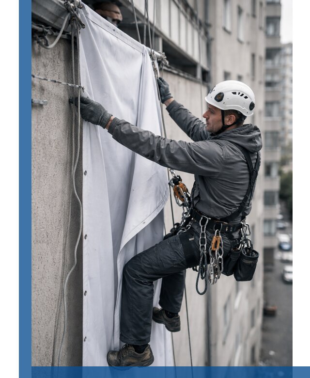 Замена баннерного полотна промышленными альпинистами в Сыктывкаре
