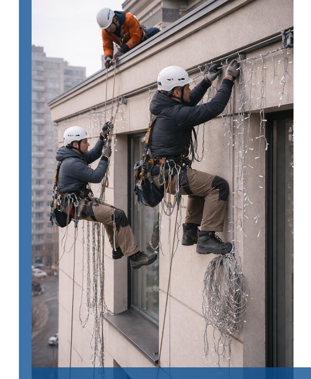 Монтаж праздничных гирлянд на фасаде в Сыктывкаре для зданий