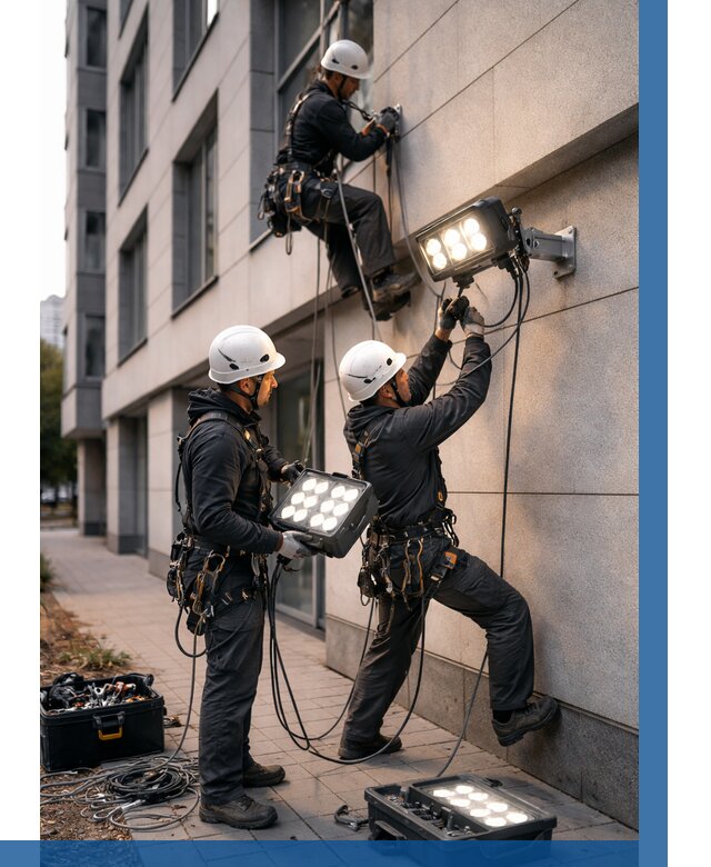 Монтаж прожекторов на фасаде в Сыктывкаре от 7733 р. | ВЫСОТНИК-Скт