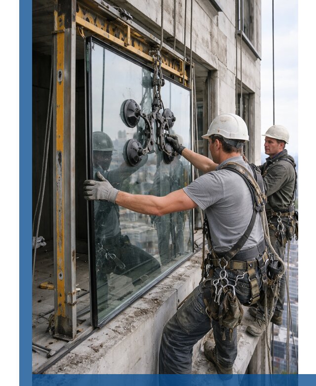 Монтаж стеклопакетов на высоте в Сыктывкаре с промышленным альпинизмом