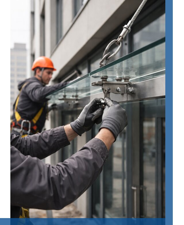 Монтаж стеклянных козырьков в Сыктывкаре от 8764 р. | ВЫСОТНИК-Скт