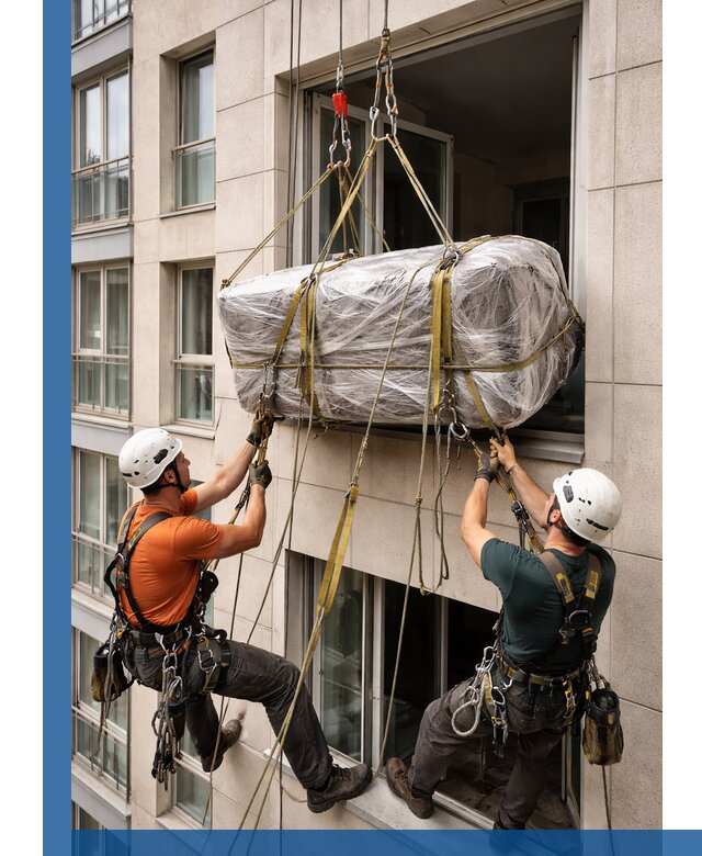 Подъем грузов через окно в Сыктывкаре промышленными альпинистами