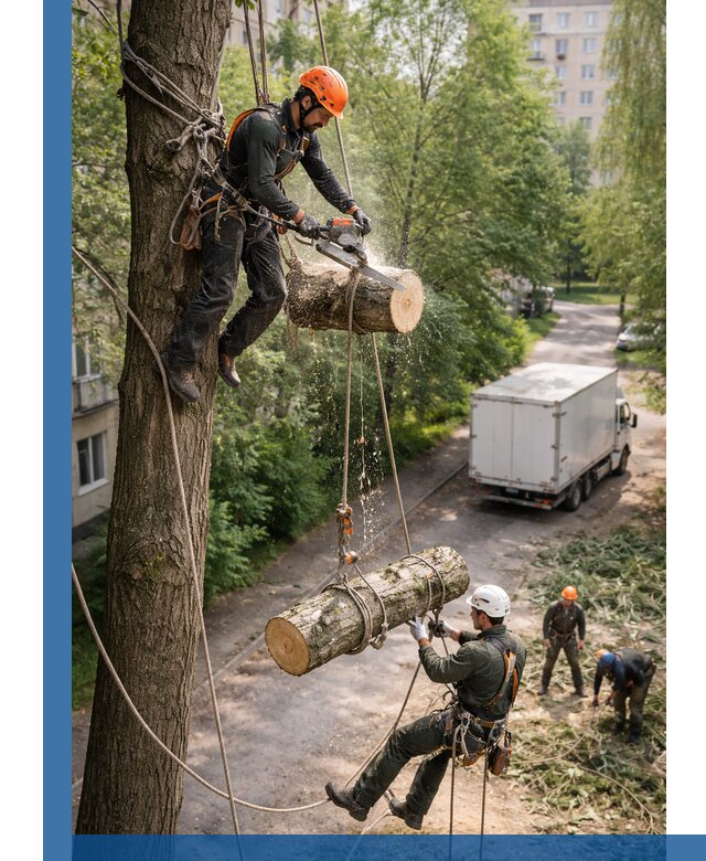 Спил деревьев альпинистами в Сыктывкаре, безопасно и без повреждений