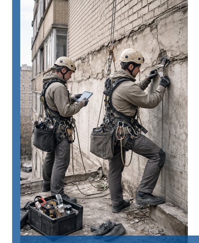 Обследование фасада промышленными альпинистами в Сыктывкаре